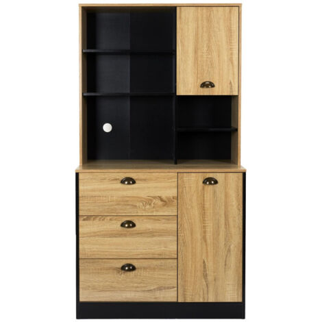 Paris Prix – Buffet de cuisine 169cm en bois et contreplaqué – Finition naturelle et noire – 3 tiroirs et 2 portes – Gestion discrète des fils