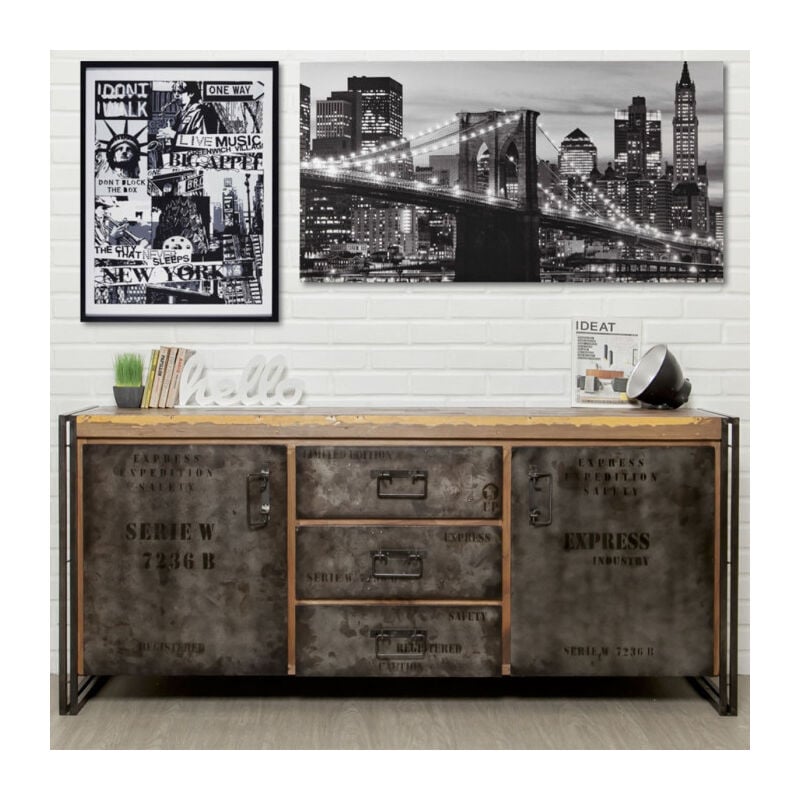 buffet en teck industriel loft 190cm marron - paris prix