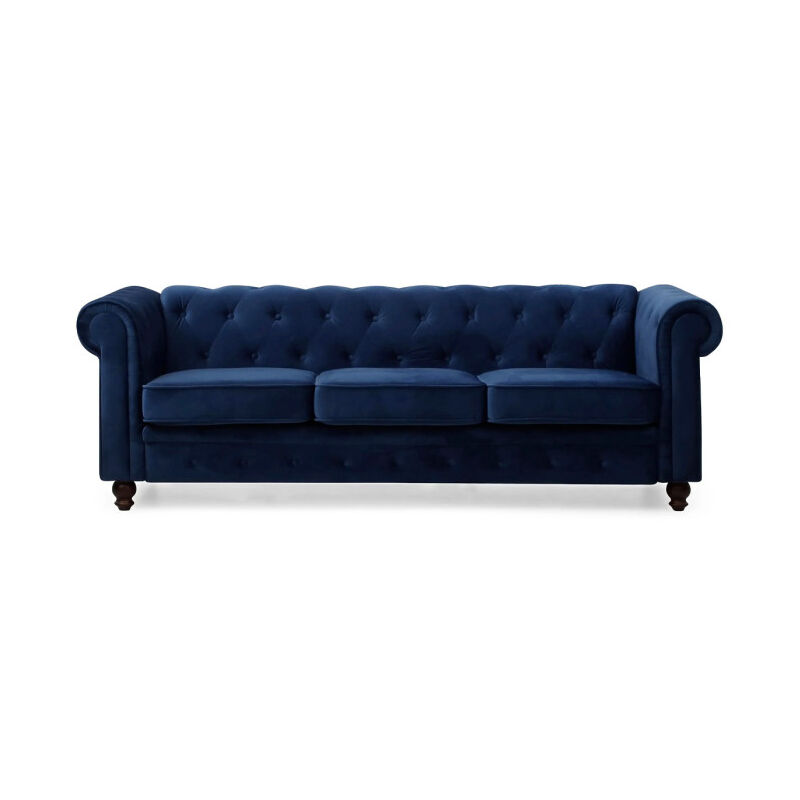 Paris Prix - Canapé 3 Places Velours 'Chesterfield' 209cm Bleu