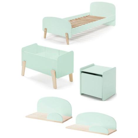 Paris Prix – Chambre complète enfant 5 pièces 'Kiddy' vert menthe – Lit 90x200cm – Table de chevet 40cm – 2 étagères murales – Coffre à jouets 80cm