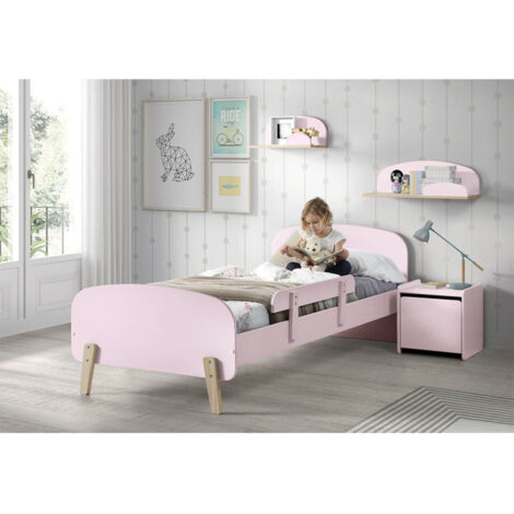 Paris Prix – Chambre d'enfant complète 5 pièces Kiddy III – Lit 90x200cm en pin massif et MDF – Table de chevet et étagères modernes – Couleur rose