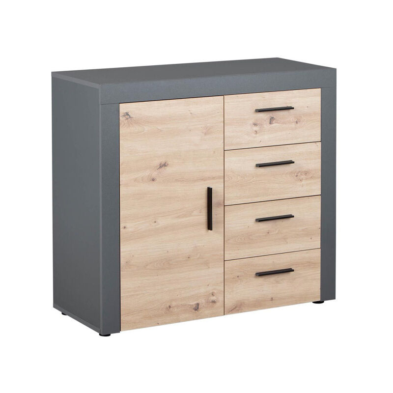 Commode 4 Tiroirs 'Tabel' 94cm Chêne & Anthracite