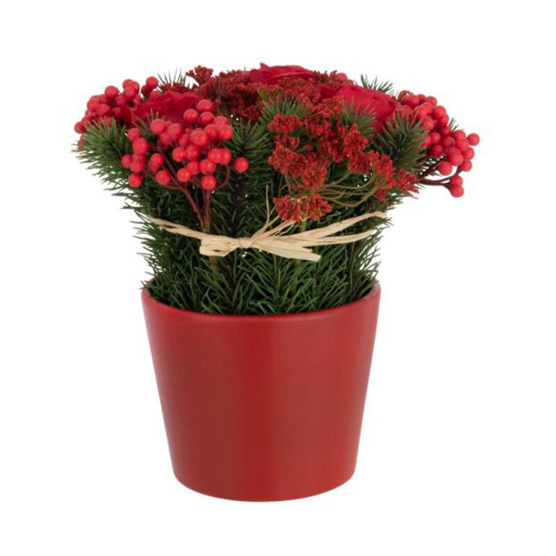 Composition Florale Pot "Roses & Baies" 25cm Rouge