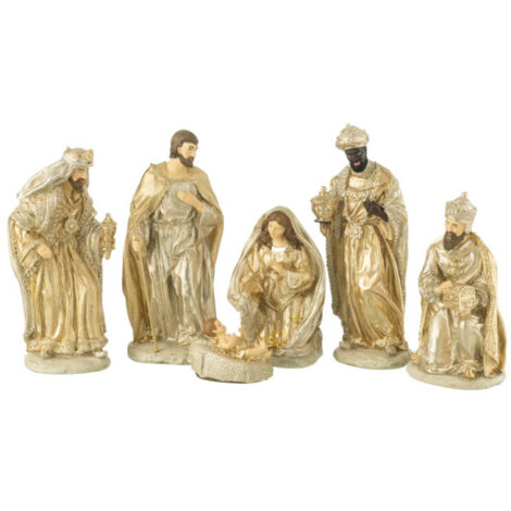 Paris Prix – Crèche de Noël 6 santons 30cm – 55% chaux et 45% résine – Festive et chic – Couleur or et argent