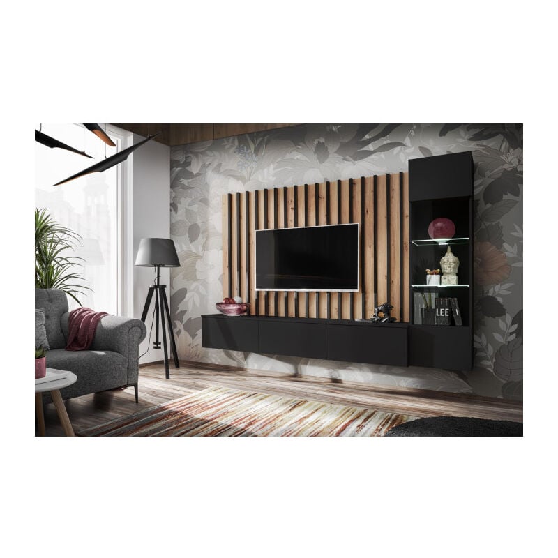 Ensemble Meuble tv Design 'Verti' 220cm Noir & Naturel