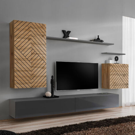 Meuble TV 2 portes 2 niches 160x40x51 cm décor chêne