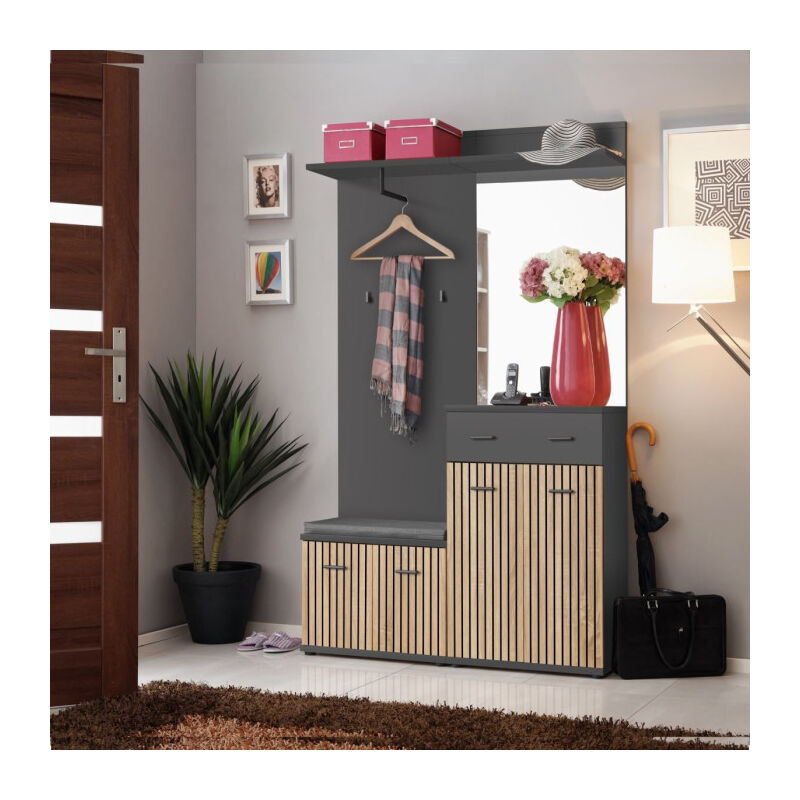 Paris Prix - Ensemble Vestiaire 4P Miroir 'Marco' 203cm Naturel & Gris