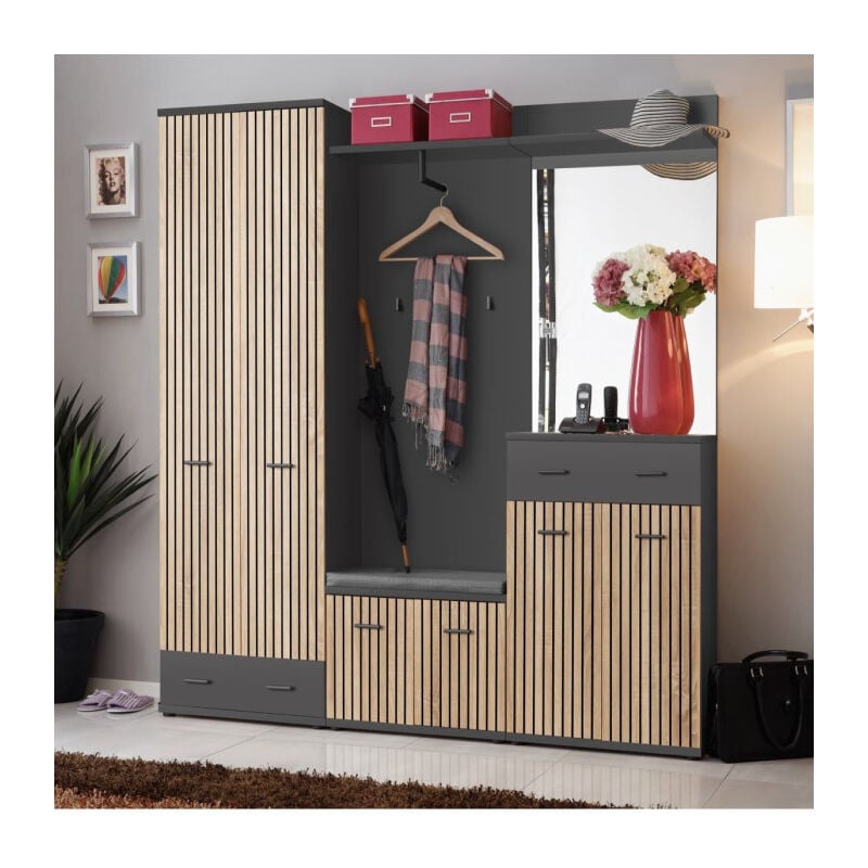 Paris Prix - Ensemble Vestiaire 5P avec Coussin 'Marco' 203cm Naturel & Gris