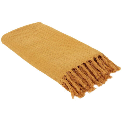 Paris Prix – Jeté de canapé gaufré 130x160cm en coton – Couleur jaune ocre – Accessoire décoratif pour protection canapé