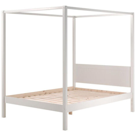 Paris Prix – Lit à baldaquin en pin massif blanc 140x200cm – Sommier à lattes inclus – Dimensions L. 208 x l. 147 x H. 190 cm