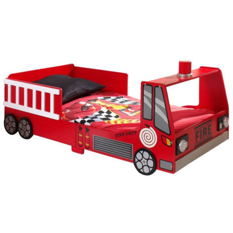 Paris Prix – Lit enfant pompier 70x140cm rouge – Lit simple en bois – Sommier inclus – Poids supporté jusqu'à 50kg – À monter soi-même