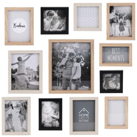 Paris Prix – Lot de 12 cadres photo 27cm – Bois naturel et noir – Verre inclus – Formats variés pour photos jusqu'à 20,5 x 25,5 cm