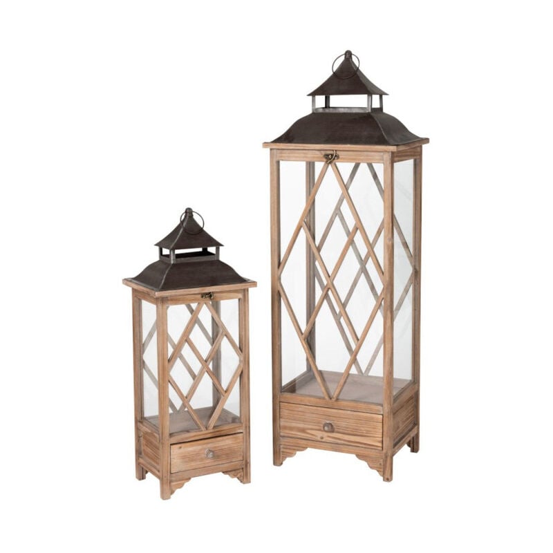 Paris Prix - Lot de 2 Lanternes en Bois 'Fenêtre' 34cm Beige