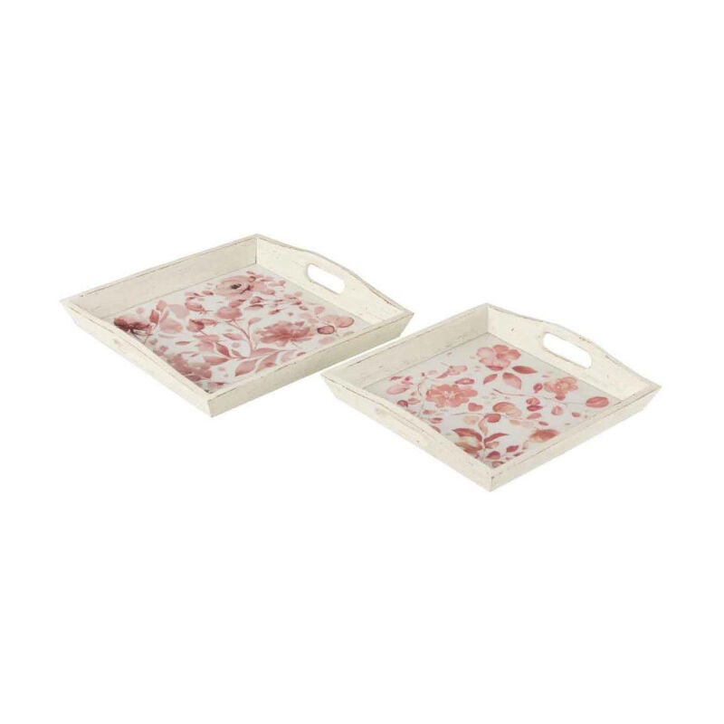 Paris Prix - Lot de 2 Plateaux 'Motif Fleurs' 41cm Rose & Blanc
