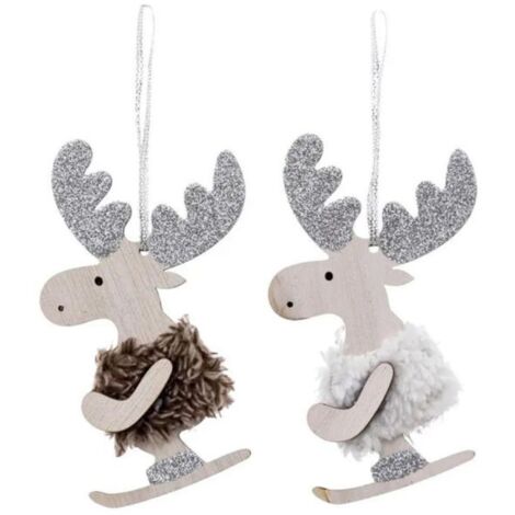 Paris Prix - Lot De 2 Sujets De Noël rennes Ski 12cm Argent