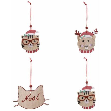 Paris Prix - Lot De 4 Sujets De Noël chat 12cm Beige & Rouge