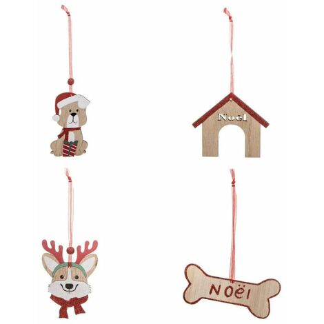 Paris Prix - Lot De 4 Sujets De Noël chien 12cm Beige & Rouge