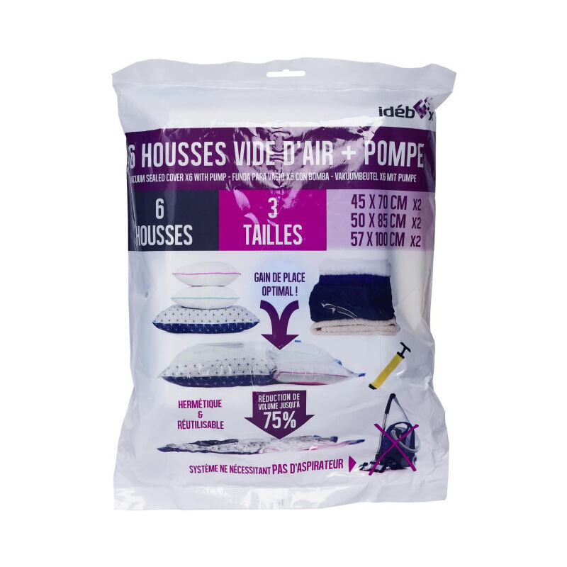 Lot de 6 Housses & Pompe 'Vide d'Air' 100cm Transparent Lot de 6 Housses & Pompe 'Vide d'Air' 100cm Transparent