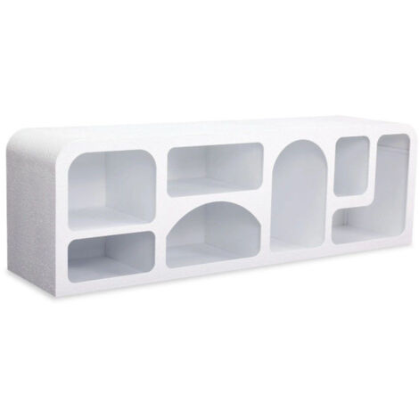 Paris Prix – Meuble TV 160cm blanc – MDF et résine – 7 niches ouvertes – Design contemporain inspiré de l'architecture troglodyte