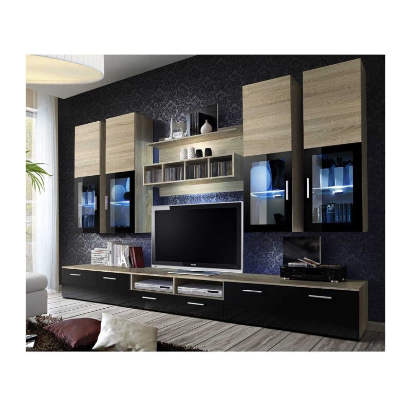 Meuble tv Mural Design 'Lyra' 300cm Chêne & Noir