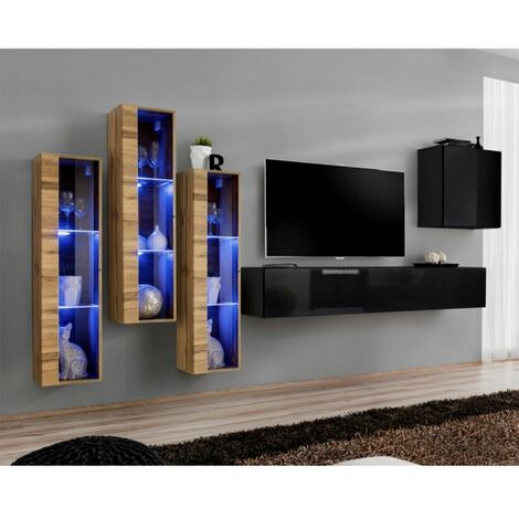 Furniture Square - Meuble TV VELA - Chêne / Noir Zwart - 180 cm - Ensemble  mural 