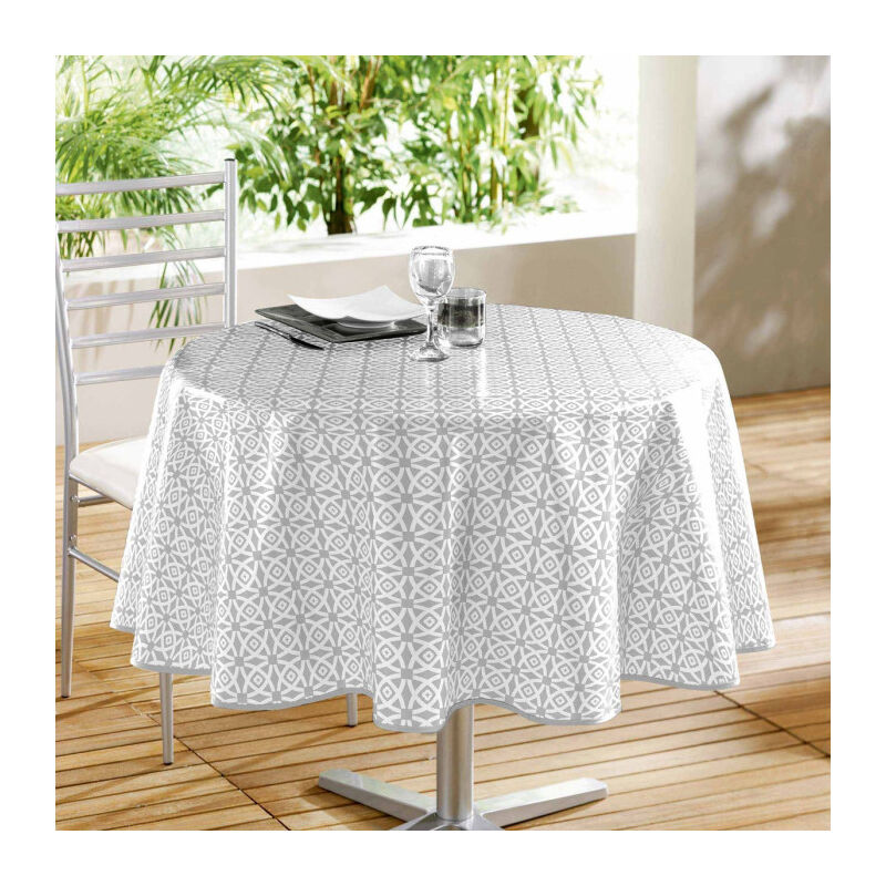 Nappe Ronde en Toile Cirée 'Abaca' 160cm Gris & Blanc Nappe Ronde en Toile Cirée 'Abaca' 160cm Gris & Blanc