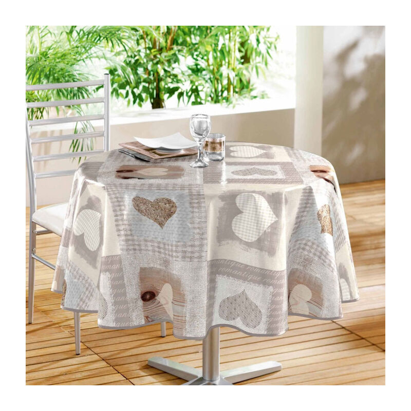 Nappe Ronde Toile Cirée 'Cosy Coeur' 160cm Gris
