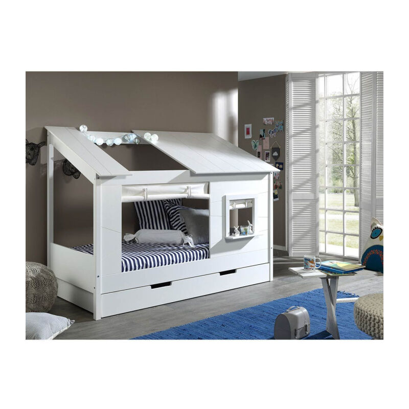 Paris Prix - Pack - Lit Cabane Enfant & Rideaux 'Housebed ii' 90x200cm Blanc