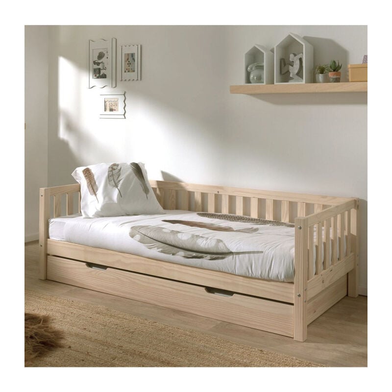 Paris Prix - Pack - Lit Capitaine Enfant & Tiroir 'Fritz' 90x200cm Naturel