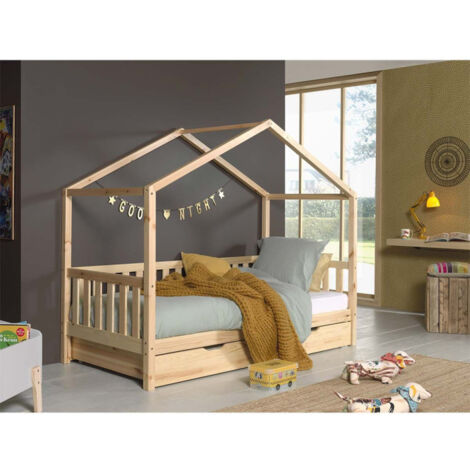 Lit Cabane pour Enfant avec Rideaux de Nuages en Tissu et Toile Suspendue,  Lits d'enfant en Pin Naturel 90x200 cm