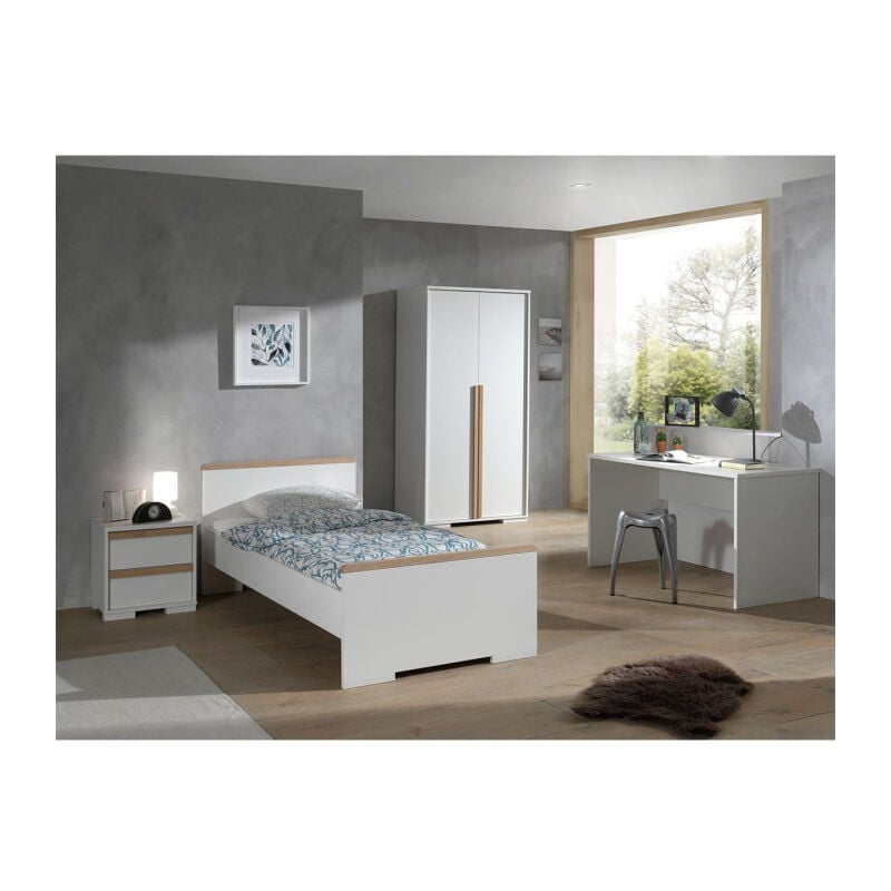 Pack - Lit Enfant, Chevet, Armoire 2 Portes & Bureau london Blanc - Paris Prix