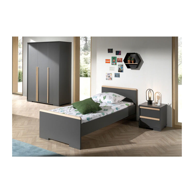 Pack - Lit Enfant, Chevet & Armoire 3 Portes london Gris Anthracite - Paris Prix
