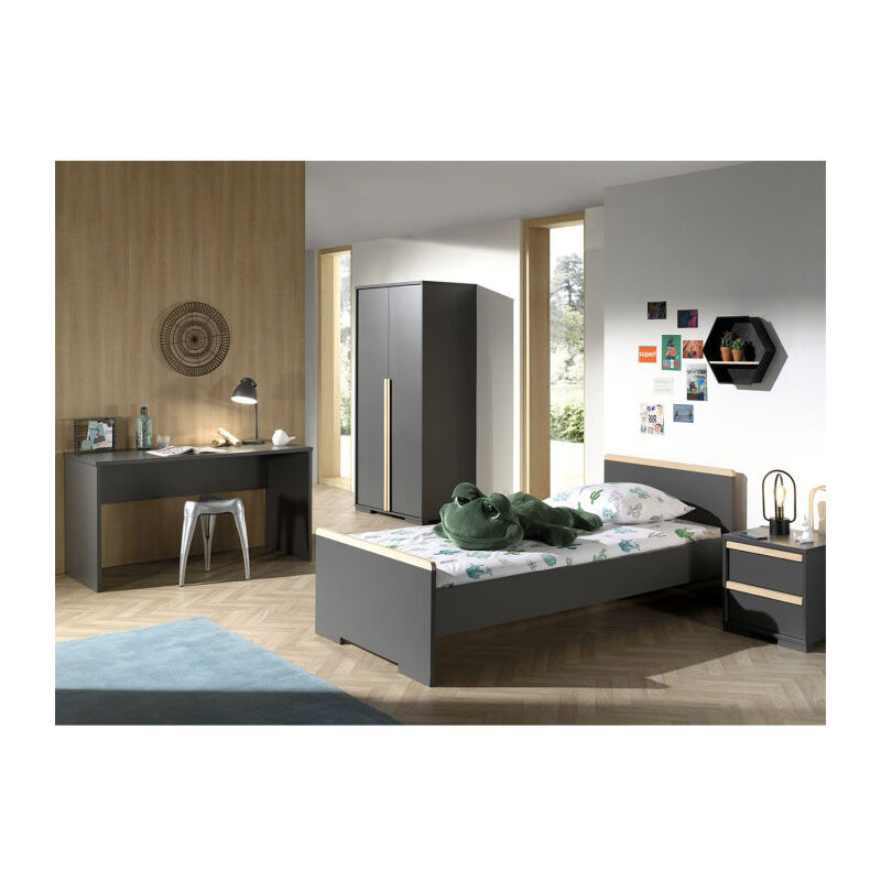 Pack - Lit Enfant, Chevet, Armoire & Bureau london Ii Gris Anthracite - Paris Prix