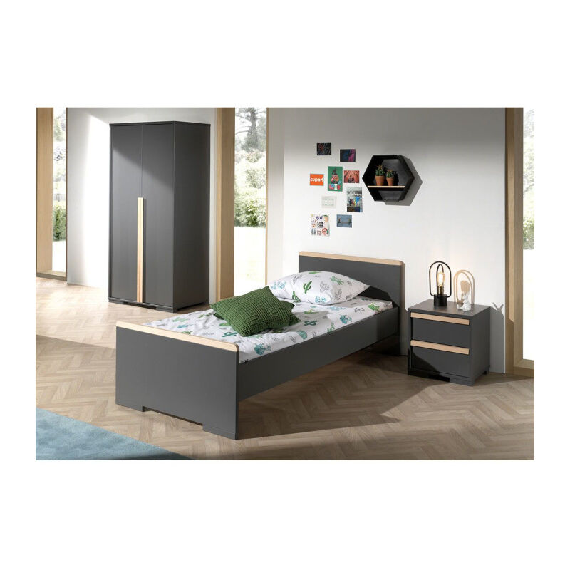 Pack - Lit Enfant, Chevet & Armoire london Gris Anthracite - Paris Prix
