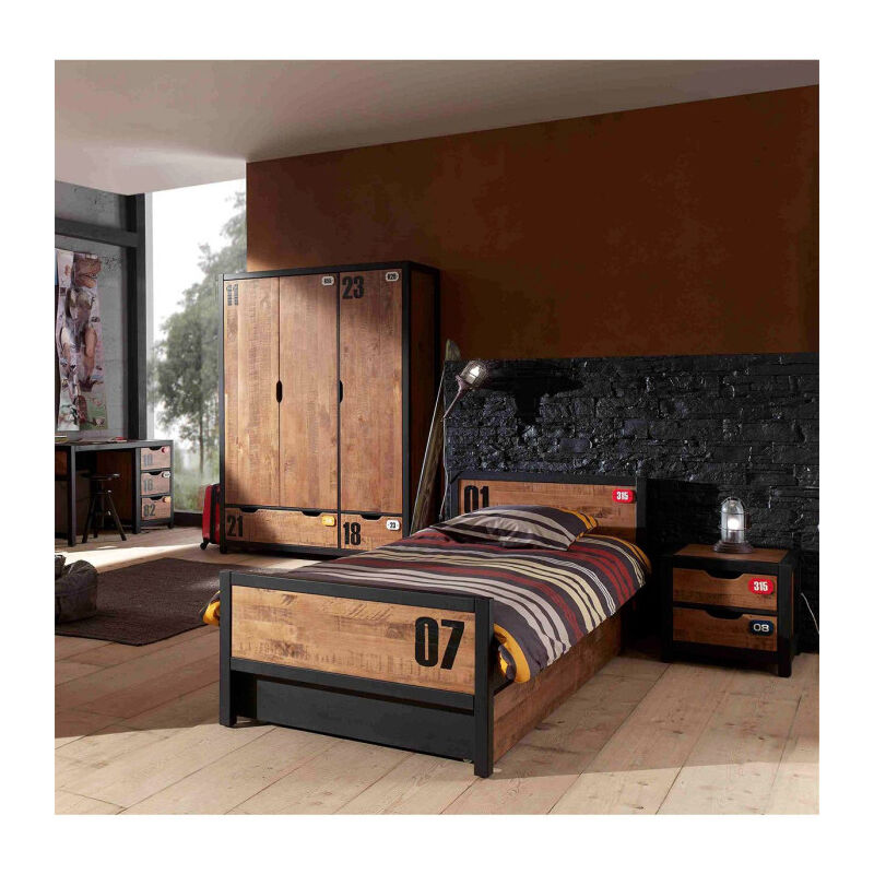 Paris Prix - Pack - Lit Enfant, Sommier & Tiroir 'Alex' 90x200cm Marron & Noir