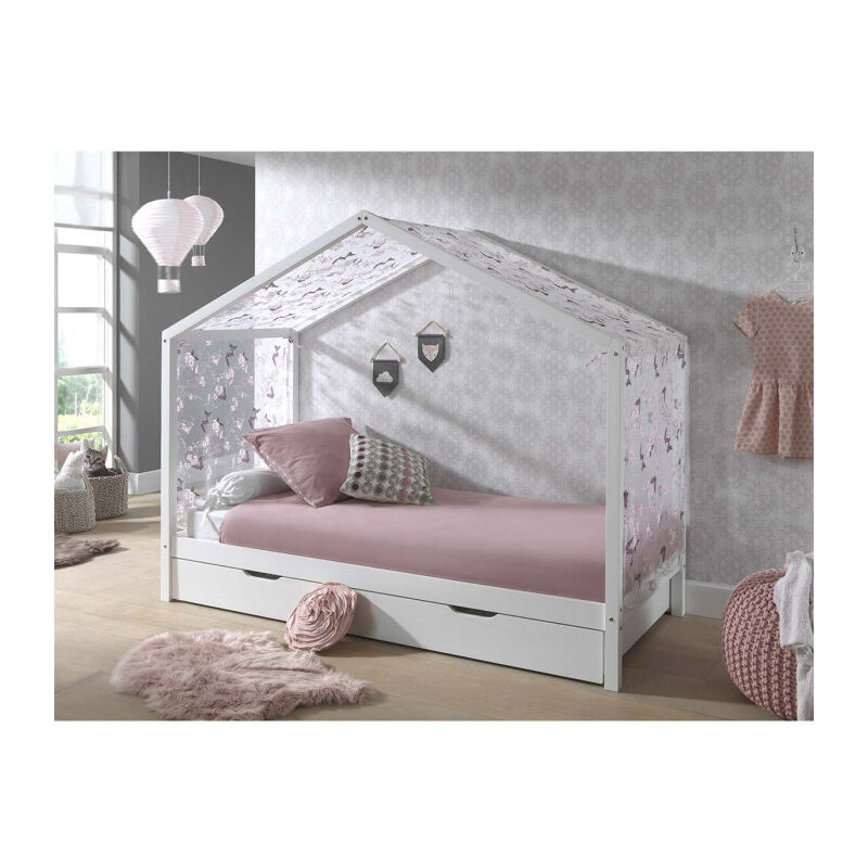 Paris Prix - Pack - Lit Enfant, Tiroir & Voile 'Dallas ii' 90x200cm Blanc