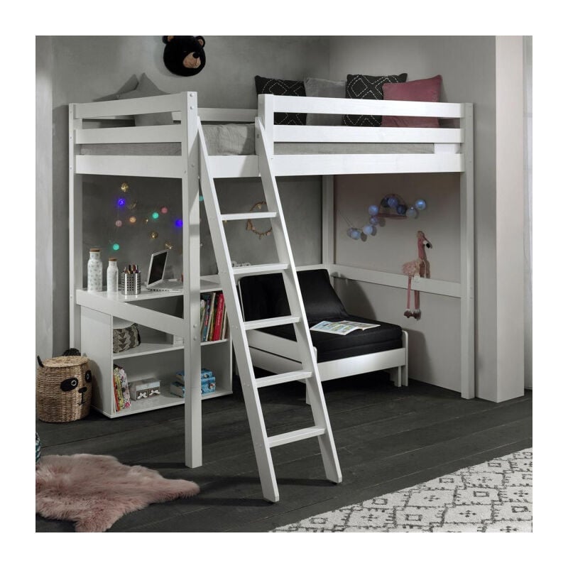 Paris Prix - Pack - Lit Mezzanine Enfant, Bibliothèque & Fauteuil-Lit 'Pino' Blanc