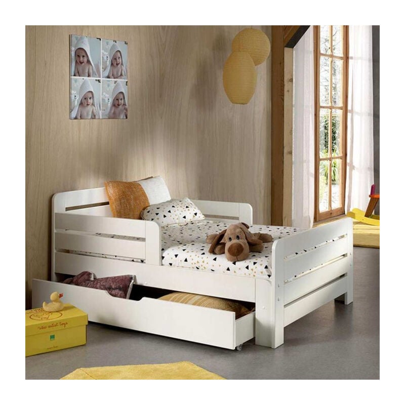 Paris Prix - Pack - Lit Évolutif Enfant, Tiroir & Matelas 'Jumper' 90x140cm Blanc