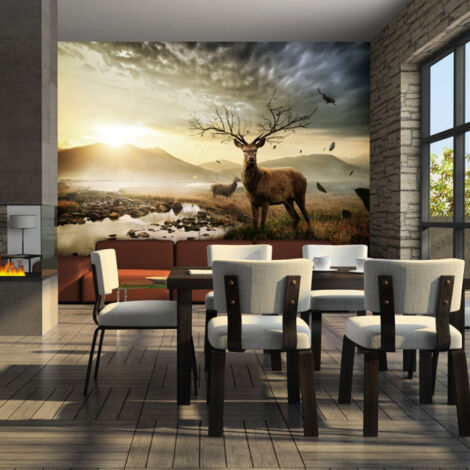 Paris Prix - Papier Peint cerf & Ruisseau De Montagne 270 X 350 Cm