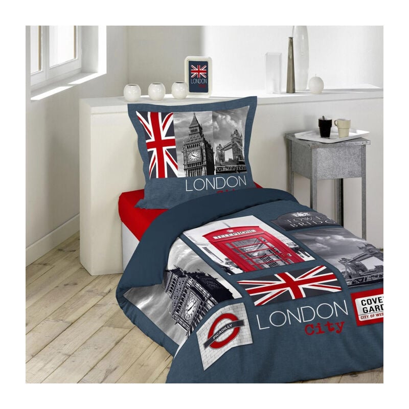 Paris Prix - Parure de Lit 2 Pièces 'City London' 140x200cm Bleu
