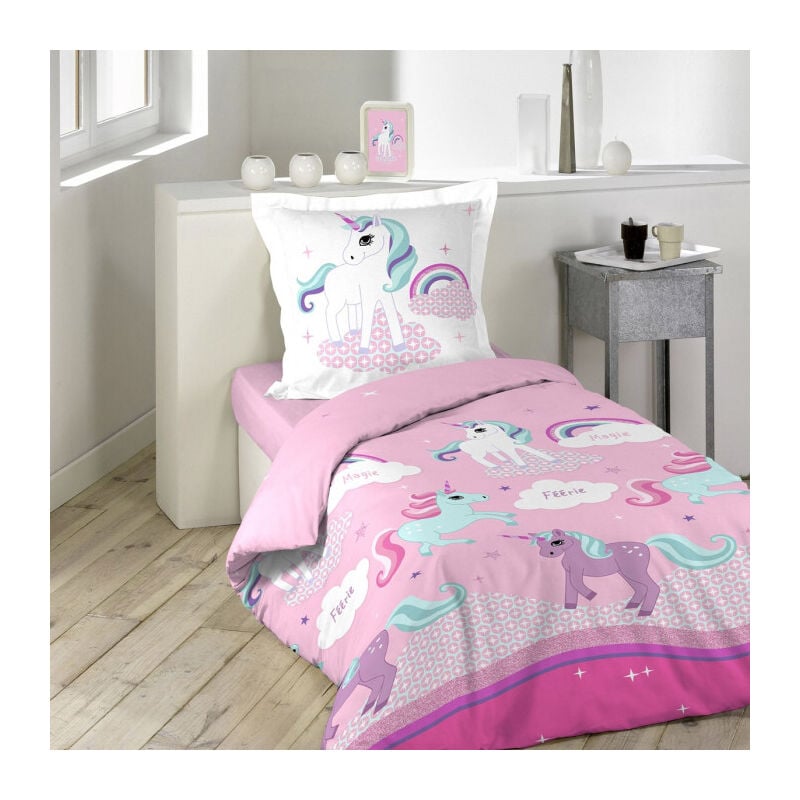 Paris Prix - Parure de Lit 2 Pièces 'Licorne' 140x200cm Rose