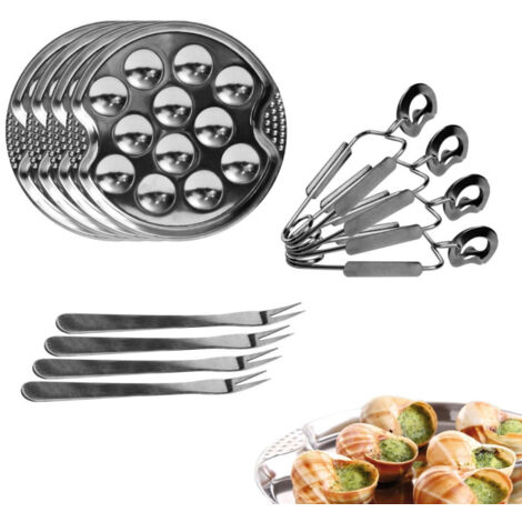 Paris Prix – Service à escargots 12 pièces – Métal et acier inoxydable – 4 assiettes 19cm – 4 pinces et 4 fourchettes – Facile d'utilisation et d'entretien