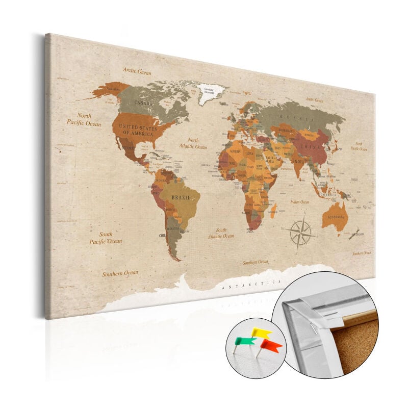 Paris Prix - Tableau en Liège 'Carte du Monde - Beige Chic' 40 x 60 cm