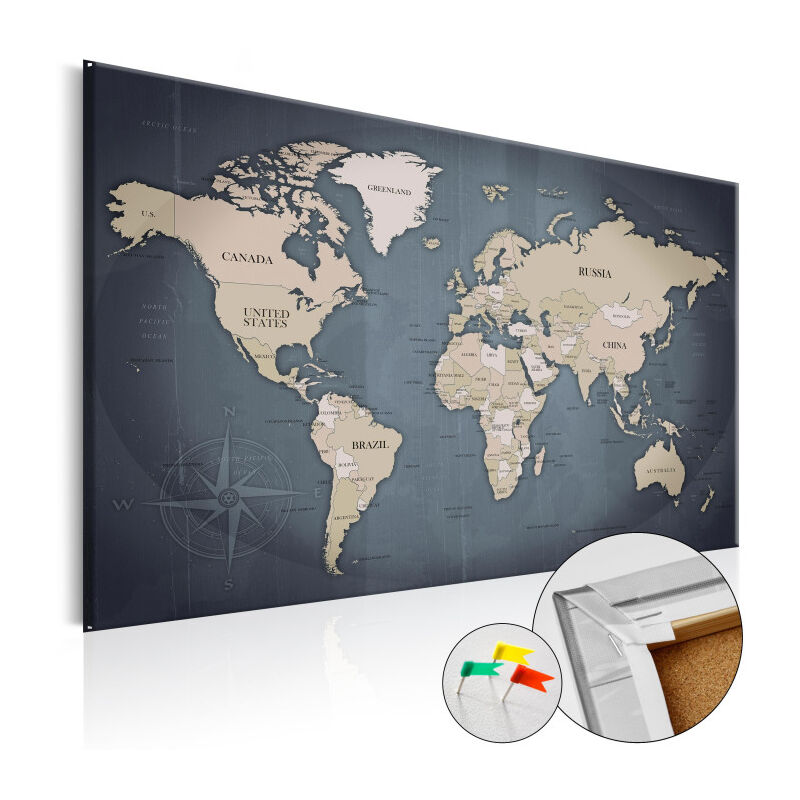 Paris Prix - Tableau en Liège 'Carte du Monde - Shades of Grey' 40 x 60 cm