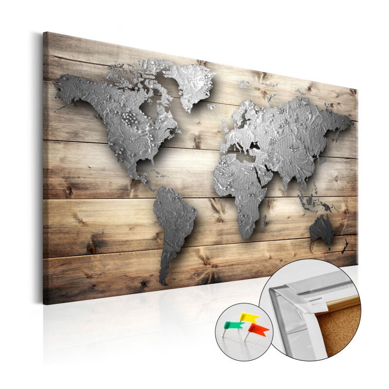 Paris Prix - Tableau en Liège 'Carte du Monde - Silver World' 40 x 60 cm