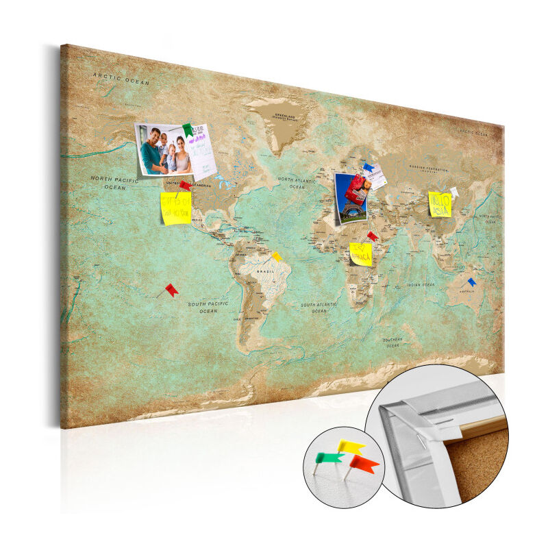 Paris Prix - Tableau en Liège 'Carte du Monde - Voyage Céladon' 80 x 120 cm