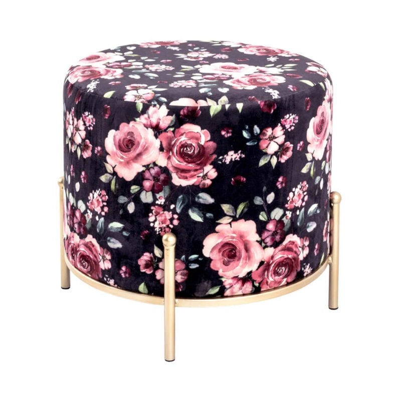 Tabouret en Velours 'Motif Fleurs' 48cm Noir & Rose