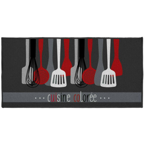 Paris Prix – Tapis de cuisine antidérapant 50x120cm – Imprimé ustensiles de cuisine – Couleur gris – Polyamide et latex