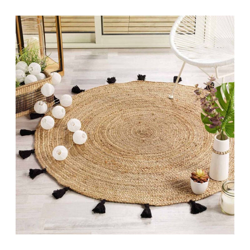 Paris Prix - Tapis Rond Déco en Jute 'Shira' 120cm Noir