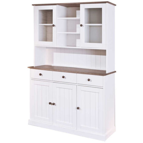 Paris Prix – Vaisselier 5 portes Takao 131cm en pin massif blanc et naturel – Vernis étanche – Rangement élégant pour vaisselle et accessoires